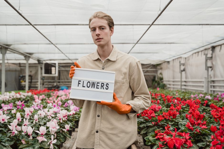 A young male florist with fair skin and light brown hair, wearing a beige shirt and orange work gloves, standing in a greenhouse among vibrant flowering plants. He holds a white lightbox sign with the