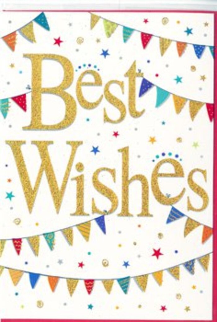 In this image, a festive Best Wishes card is presented with the kind of understated luxury that feels right at home in St James's. The card's surface is a spotless, bright white, offering a serene backdrop for a carefully balanced design. Dominating the centre are the words Best Wishes, written in generous, looping gold script. Each letter looks as if it has been brushed on with deliberate care, the metallic finish giving a soft, elegant shimmer reminiscent of lamplight glinting on polished brass along St James's Street. The text appears faintly raised, hinting at a touchable, embossed texture that would feel smooth yet defined under a fingertip. Encircling this central message are two arcs of bunting, one near the top edge of the card and one near the bottom, curving inward so that they cradle the words like garlands hung above a doorway for a special event. The bunting flags are petite triangles in a lively palette of reds, blues, greens, yellows, and aquas, each shade bright but tastefully chosen. Several flags carry delicate patterns-fine stripes, dotted motifs, or tiny checked designs-that suggest hand-drawn or painted detail rather than mass-produced repetition. Dotted around the bunting and lettering are small starbursts and round confetti-like dots in coordinating hues, scattered lightly across the white background. These tiny accents give the sense that a celebratory moment has just occurred, the confetti still in mid-flight. Overall, the composition feels joyful yet restrained, making this card perfect for everything from engagement congratulations to retirement best wishes. Paired with a thoughtfully arranged bouquet from a St James's florist, it would convey sincere support and positivity for any important milestone.