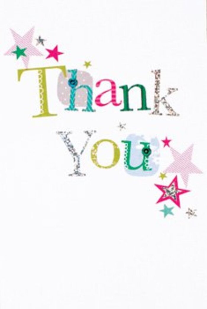 This thank you card presents a sense of understated exuberance, its artistry reminiscent of the sophisticated yet welcoming style for which St James's is known. Each letter is thoughtfully shaped: some with playful polka dots, others with gentle, ribbon-like curves, producing a chorus of harmony and light. Radiant stars cluster nearby-some opalescent in pink, others cool turquoise or luminous silver-blessing the sentiment with a kind of celebratory energy. The composition feels elegant and contemporary, spacious and chic, evoking the openness of local squares on a crisp morning. The crisp white sets the stage, allowing silver highlights, stitched visual textures, and bold colours to stand out. There is a gentle balance of warmth and sophistication-refined enough for a special thank you among Mayfair neighbours, heartfelt enough for family. Tucked next to a bouquet from our St James's studio, this card would turn an everyday moment into a lasting memory, its radiant design as uplifting as a fresh bouquet on an office desk overlooking Pall Mall.
