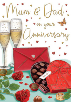 In this richly detailed anniversary card, the artist creates a romantic vignette that feels perfectly suited to a St James's townhouse table laid for a special evening. At the centre, two lush red roses recline gracefully on a polished surface, their velvety petals carefully drawn to show depth and softness, evoking the feel of premium blooms chosen by a florist just off Jermyn Street. Deep green foliage frames the flowers, with crisp edges and subtle shading that make each leaf appear freshly picked and full of life. To the side, a heart-shaped chocolates box in a bold red hue commands attention, crowned by an opulent satin bow whose wide loops and trailing ends add a sense of theatre, like a beautifully presented gift delivered to a doorstep near St James's Park. The lid is open, and inside sits a neat array of chocolates, each piece distinct and gently highlighted to suggest smooth, glossy shells and rich centres. Just behind, two elegant champagne flutes stand close together, filled with pale, sparkling gold liquid, bubbles rising in delicate ribbons that catch the light as though reflecting candle glow. Around them, the background is adorned with scattered gold and crimson hearts that float in soft arcs, encircling a handwritten dedication to 'Mum & Dad' in flowing, affectionate script. A vivid red envelope lies nearby, sealed and slightly askew, implying a personal message of thanks and love waiting to be read. The overall atmosphere is one of sophisticated warmth and intimacy, capturing the essence of an anniversary celebrated with fine treats, cherished rituals, and the quiet joy of years shared side by side.