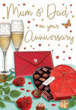 This beautifully illustrated anniversary card unfolds like a small, intimate celebration set against the sophisticated backdrop of St James's. The focal point is a pair of opulent red roses resting on a smooth tabletop, their petals painted with intricate shading that suggests velvety softness and a lingering, classic scent, much like the premium stems chosen for a bespoke bouquet near St James's Street. Enveloping the blooms, fresh green leaves curl and overlap, adding texture and balance, as though the flowers have just been gently laid down after being unwrapped from crisp florist's paper. To one side sits a heart-shaped box of chocolates in a deep ruby red, crowned by a generous satin bow whose elegant loops and flowing tails give the entire arrangement a sense of occasion. The lid is open to reveal an inviting array of carefully arranged chocolates, each one distinct, with gentle highlights that suggest smooth, indulgent coatings ready to be shared. Just behind, two tall champagne flutes stand close together, filled with pale golden champagne, their slender stems and rounded bowls catching soft, ambient light the way glass might glint in a warmly lit flat overlooking St James's Park. Across the background, delicate red and gold hearts drift playfully, arcing around a hand-lettered dedication to 'Mum & Dad' written in flowing, affectionate script. A vivid red envelope lies nearby, sealed and slightly angled, hinting at handwritten words full of gratitude, stories, and quiet admiration. The scene carries a feeling of warmth, tenderness, and quiet luxury, perfectly suited to marking parents' years of shared love and the many family moments their partnership has inspired.